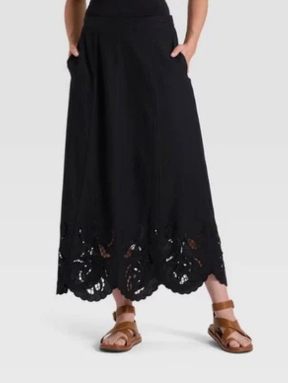 Black Maxi Skirt with Scalloped Eyelet Hem